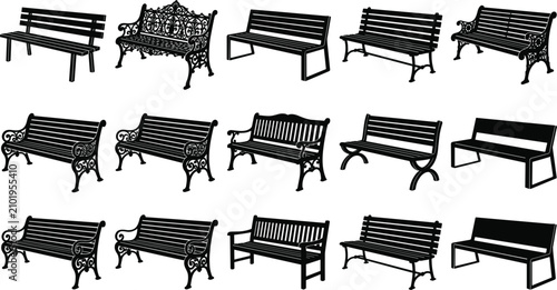 Obraz na płótnie Park bench silhouette vector illustration set featuring various wooden and wroug