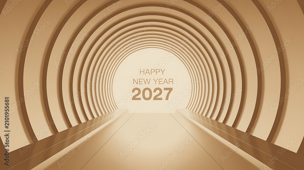 Naklejka premium Happy new year 2027 text in a futuristic circular tunnel corridor