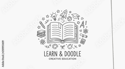 Education logo with book and doodles.