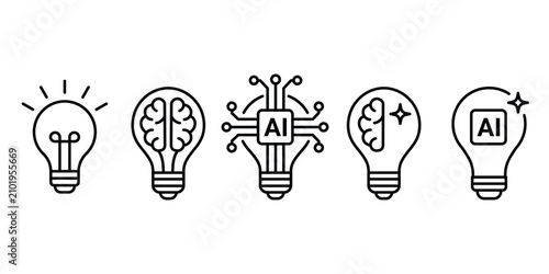 Artificial intelligence light bulb icon set featuring brain, AI chip and smart idea symbols for technology projects. Editable Stroke