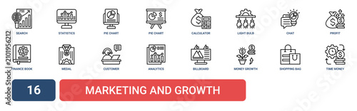 Bild auf Leinwand Set of 16 outline web Marketing and Growth icons such as time is money, shopping