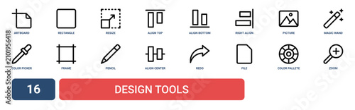 Schilderij op canvas Set of 16 outline web Design Tools icons such as zoom in, color pallete, file, r
