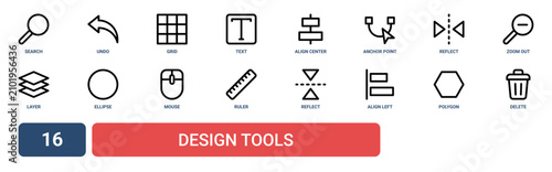 Fotografía Set of 16 outline web Design Tools icons such as delete, polygon, align left, re