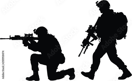 Valokuva Military tactical soldier silhouette vector set, armed infantry combat poses iso