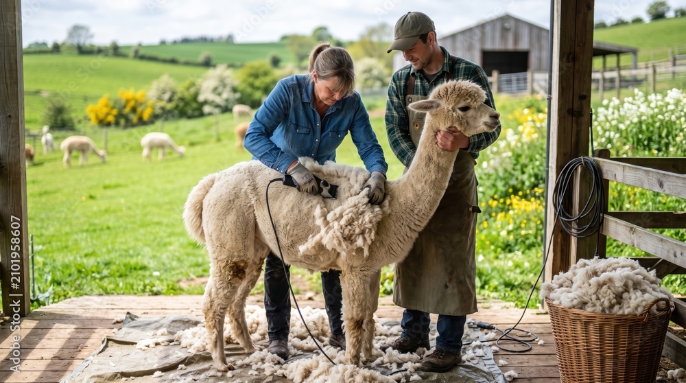 Fototapeta premium Farm Workers Shearing Alpacas for Wool Harvest