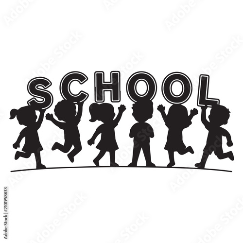 Happy Children Holding School Text Letters Silhouette Concept Black And White.