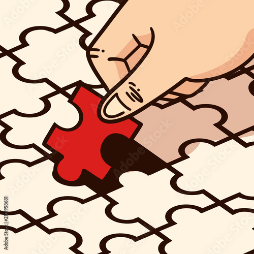 Hand Placing Red Puzzle Piece