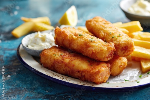 Golden crispy fried fish fingers served with potato chips, creamy tartar sauce, and a fresh lemon wedge on a rustic blue table, bright natural light highlighting the crunchy breaded texture.