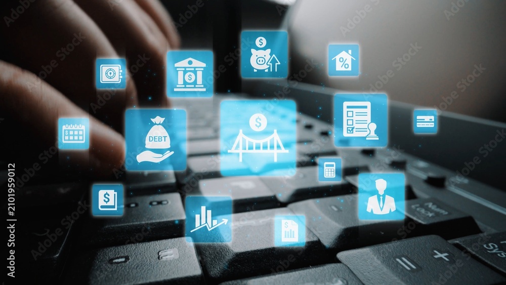 Fototapeta premium Loan icons represent debt, repayment, and financial planning. Loan supports banking, loan connects credit with payment systems, and loan helps manage interest effectively. Funnel
