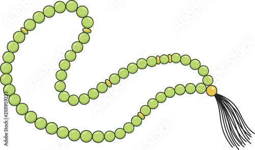 Photography Traditional green prayer beads misbaha vector illustration with black tassel and