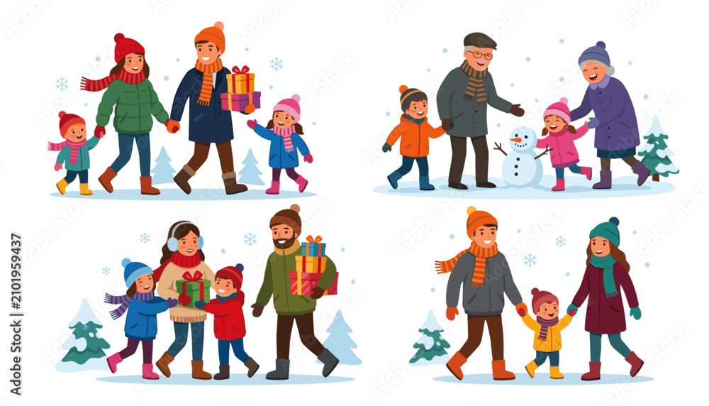 Fototapeta premium Set of happy families with children walking and playing in winter outdoors, carrying christmas gifts and making a snowman, flat vector illustration