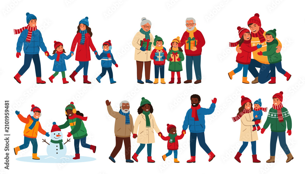 Fototapeta premium Set of happy families celebrating christmas and winter holidays, people in warm winter clothes walking, hugging, giving gifts and building snowman