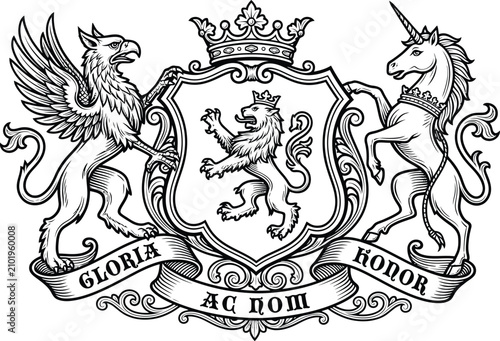 Heraldic coat of arms crest, royal shield with rampant crowned lion, griffin and unicorn supporters, crown, ribbon banner vector illustration