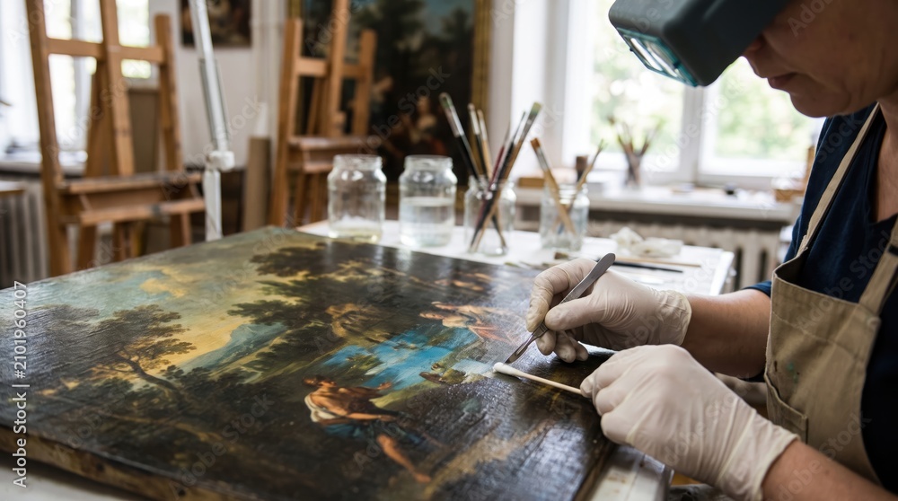 Fototapeta premium Art Conservator Meticulously Restores Old Painting