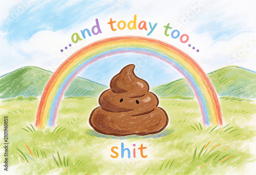 immagine satirica e provocatoria di una cacca disegnata in stile infantile che sorride con la scritta '...e oggi anche...cacca', satirical and provocative image of a poop drawn in a childlike style 