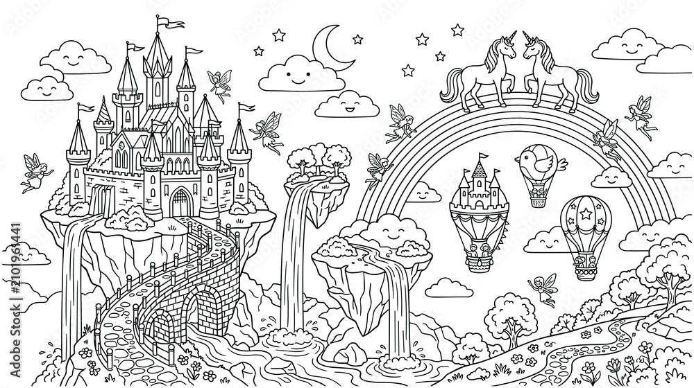 Fototapeta premium Fantasy castle landscape with floating islands and rainbows coloring page.