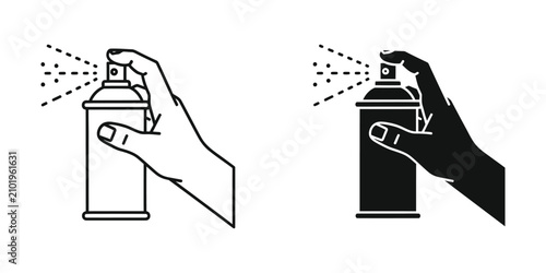 Hand holding spray paint can icon set in black and white line art and solid silhouette styles