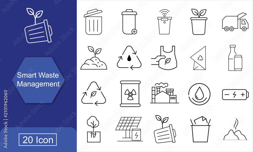 Fototapeta premium Smart waste management icons with recycling symbols and renewable energy concepts in a clean line art style