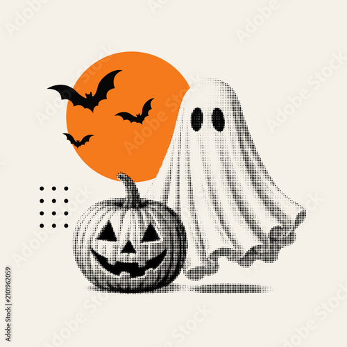 Minimalist Halloween illustration with cute ghost, jack-o'-lantern, flying bats and orange moon. Modern boho spooky vector collage with halftone texture for seasonal design.