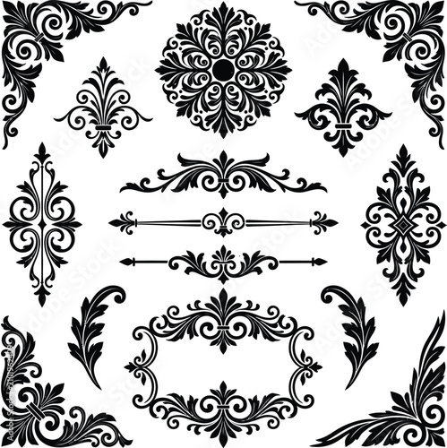 Vintage ornaments vector set, baroque rosette medallion, damask motifs, calligraphic text dividers, ornamental frame corners, black filigree elements