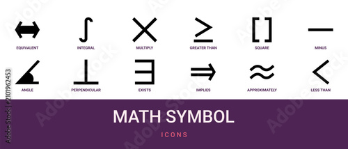 Bild auf Leinwand Set of 12 outline web Math Symbol icons such as less than, approximately equals,