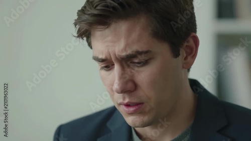 Young man with worried expression in indoor setting conveying concern or confusion