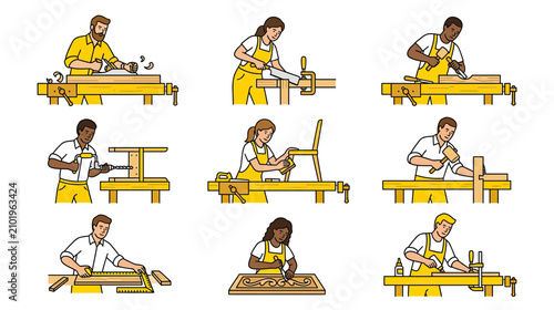 Foto Carpenters working on wooden furniture at workshop