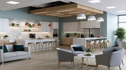 Modern office breakroom with kitchen island and seating areas during daylight