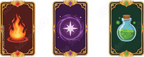 Fotografía Fantasy magic game cards featuring fire spell, portal and potion vector illustra