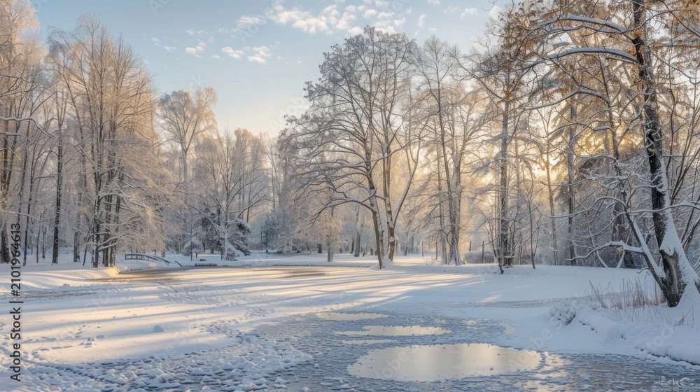 Fototapeta premium Winter landscape scene with snowy trees and lake