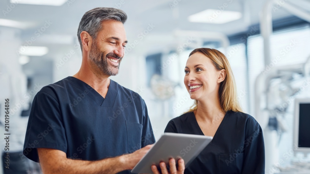 Fototapeta premium Confident plastic surgeon in elegant navy medical scrubs using a digital tablet while consulting with a smiling female patient, bright luxury