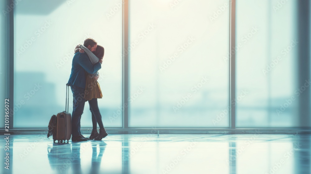 Fototapeta premium Couple embracing tightly in a bright airport arrivals hall after a long separation, luggage beside them, emotional reunion and love concept, hyper