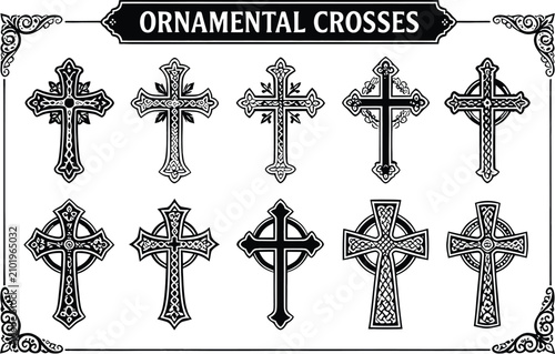 Christian crosses vector set, ornamental celtic crucifix icons, vintage gothic knotwork crosses, religious symbols, black line art collection