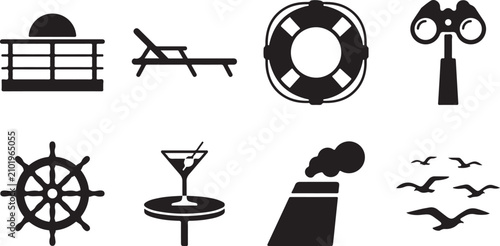 Bild auf Leinwand Nautical Icons collection with a ship's wheel life preserver and spyglass on whi