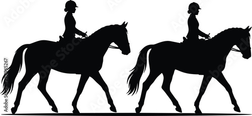 Konstfotografi Horse riding silhouettes featuring female equestrians trotting on stallions vect