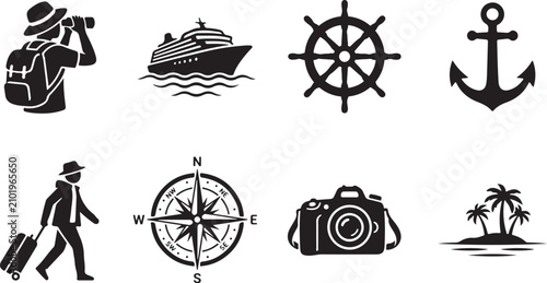 Fotografi Travel icons with voyager binoculars ship wheel anchor compass camera and island