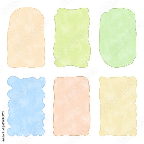 Vintage wavy frames on a white background. Set of hand-drawn pastel curvy scalloped borders with textured effect. Cute colorful elegant craft design icons, line art elements, cozy cottagecore style.