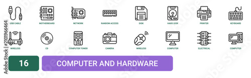 Photography Set of 16 outline web Computer and Hardware icons such as computer, electrical c