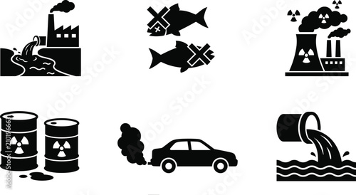 Obraz na płótnie Environmental pollution and industrial waste vector icons set featuring chemical