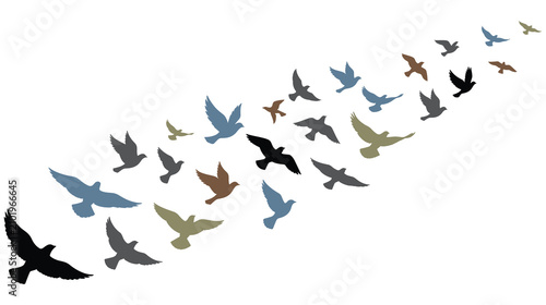 Flock of flying birds in various colors creating a dynamic pattern.