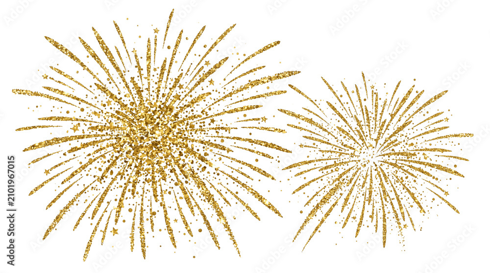 Naklejka premium Golden glitter fireworks explosion, sparkling gold dust pyrotechnics, festive holiday celebration bursts for New Year and luxury events isolated PNG with Transparent Background