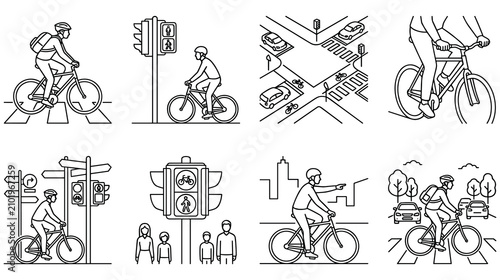 Set of city biking scenes showing safety and rules for cyclist and street.