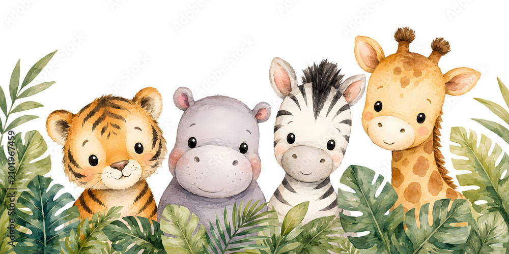 Obraz premium Friendly tiger, hippopotamus, zebra, and giraffe gathered behind lush tropical plants in a soft watercolor safari scene with curious faces, framed by layered tropical foliage.