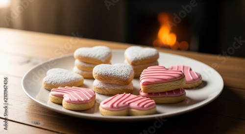 Heart shaped cookies with pink icing and powdered sugar on a plate by a cozy fireplace