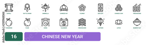 фотографія Set of 16 outline web Chinese New Year icons such as bamboo hat, lotus, lantern,