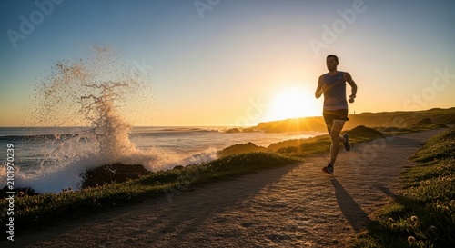 Person jogging on beach path at sunset