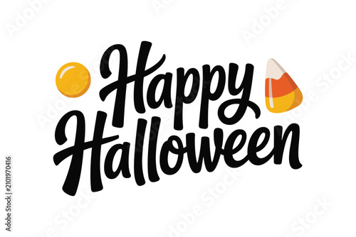 Cuadro en lienzo Happy halloween calligraphy script text with a small orange pumpkin and candy co