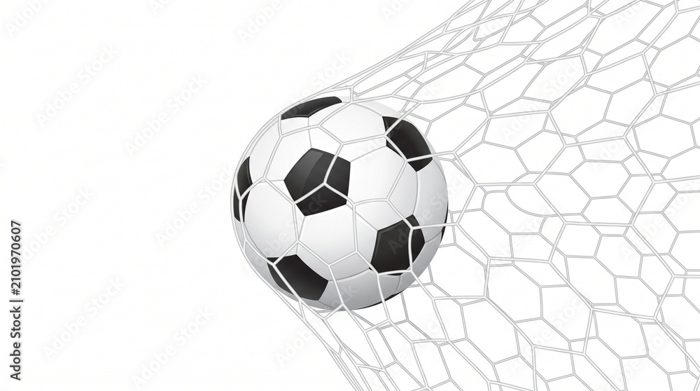 Fototapeta premium Classic black and white soccer ball hitting the white mesh of a goal net during a professional match with bright lighting on a clean and simple isolated white background