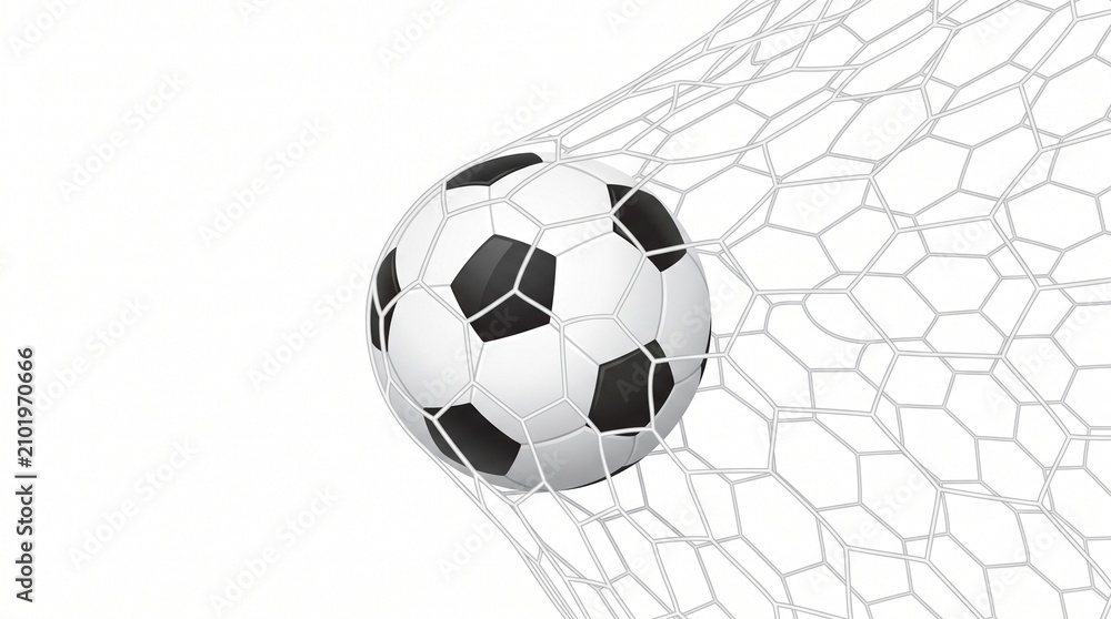 Fototapeta premium Classic black and white leather soccer ball hitting the white mesh netting of a goal during a professional match while captured from a side angle with bright studio lighting