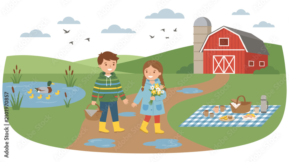 Fototapeta premium Two kids going for a picnic on a farm with a barn and ducks.